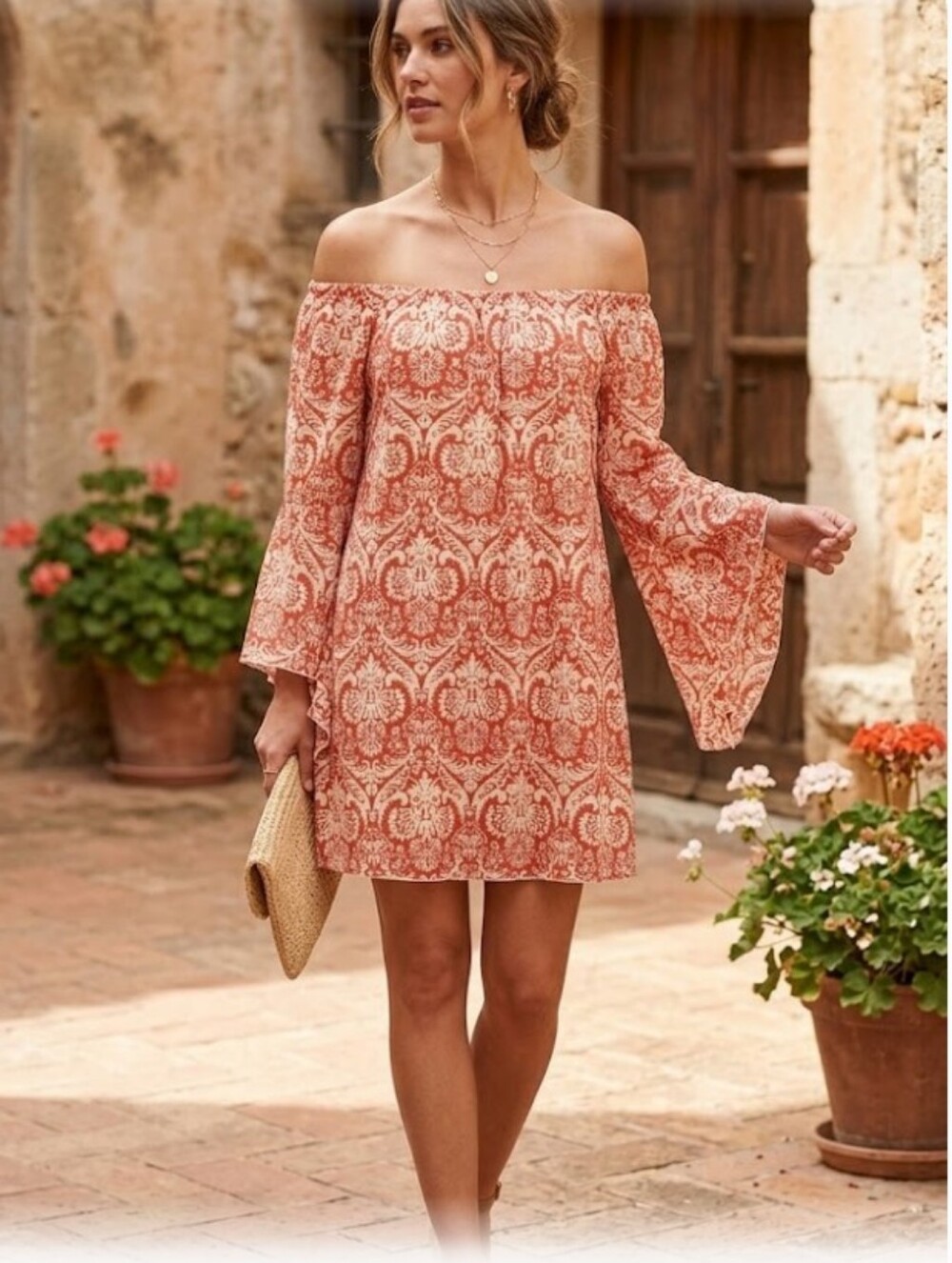 Live 4 Truth Coral and White Printed Tunic Dress Bell Sleeves Boho Festival. Med